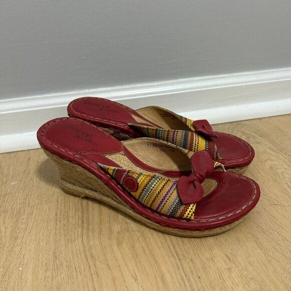 BORN Drilles Red Striped Espadrilles Wedge Mule Open Toe Bow Sandals Size 7 - Picture 3 of 8